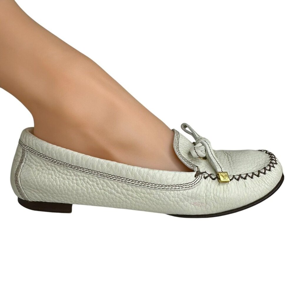 Louis Vuitton Gloria Shoes Flat Loafers Ivory US 6.5 EU 36.5 Leather Bow Logo - Picture 3 of 15